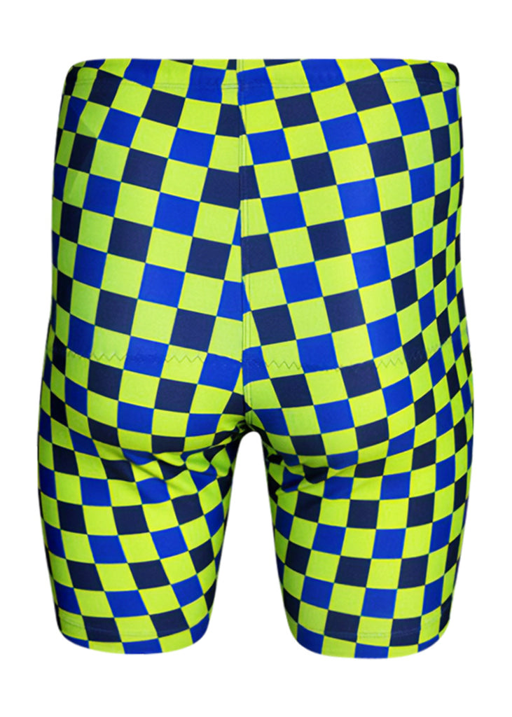 Green and blue checkered trou shorts on a white background