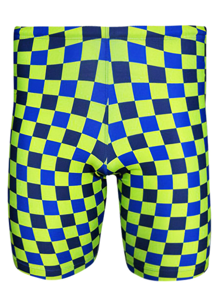 Green and blue checkered trou shorts on a white background