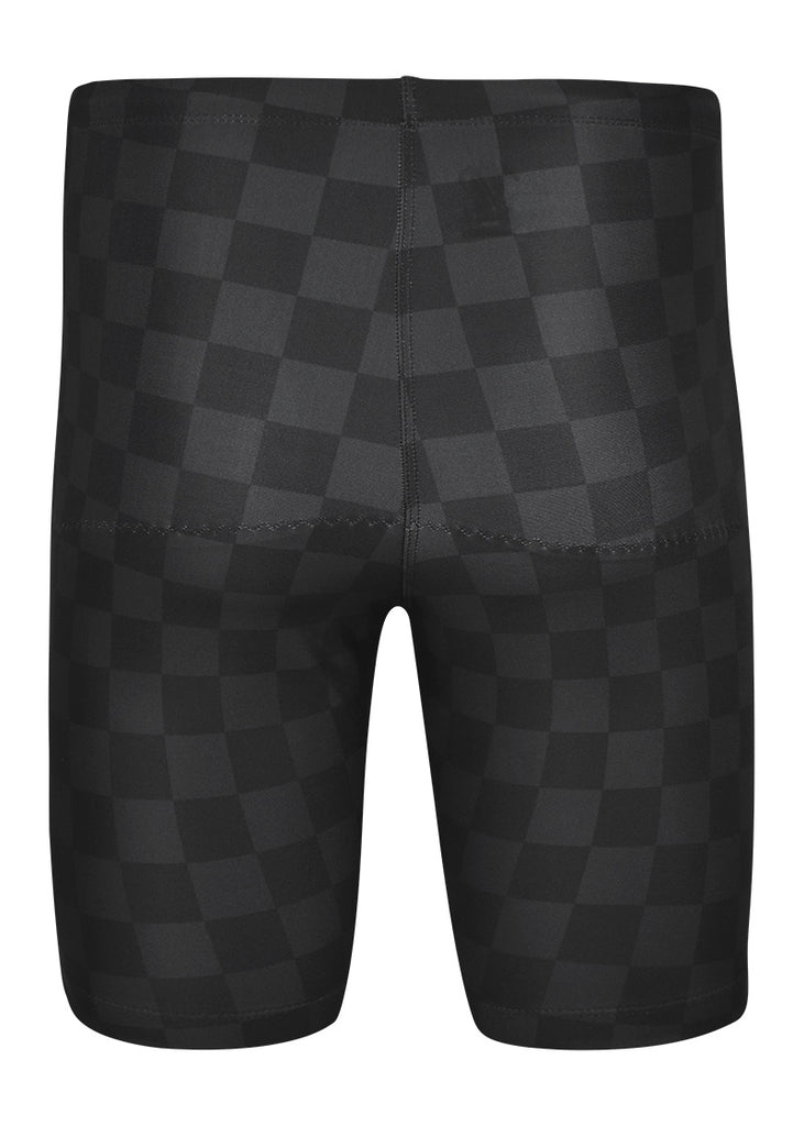 Black checkered trou shorts with a JL logo on a white background