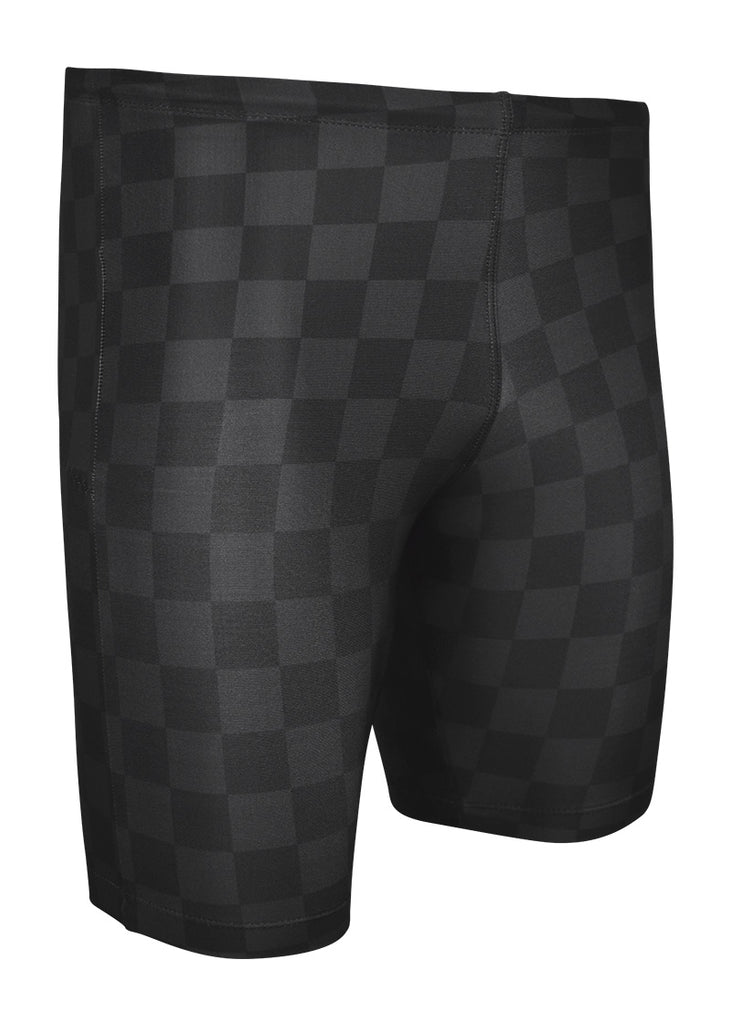 Black checkered trou shorts with a JL logo on a white background
