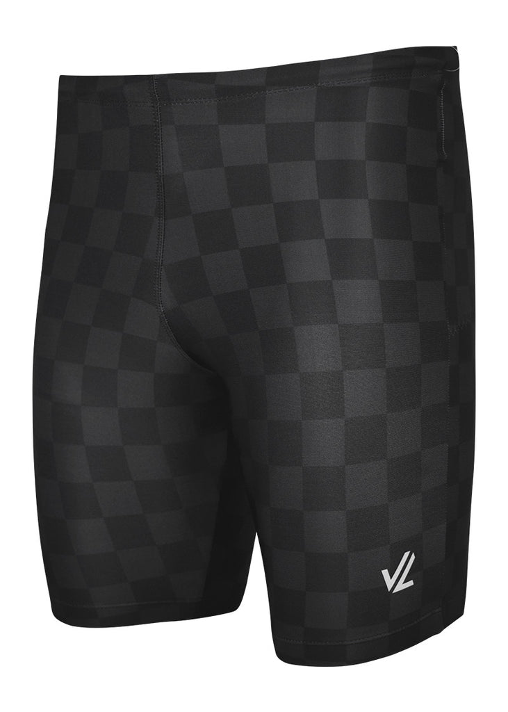 Black checkered trou shorts with a JL logo on a white background