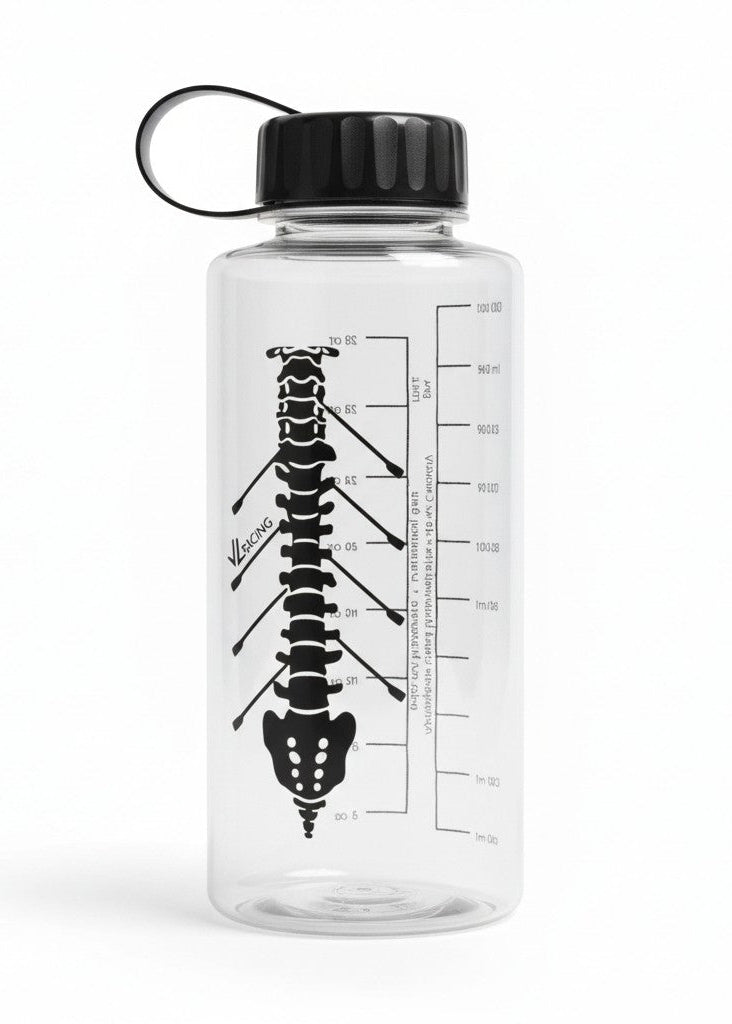 Clear JL water bottle with black spine design and measurements on the side