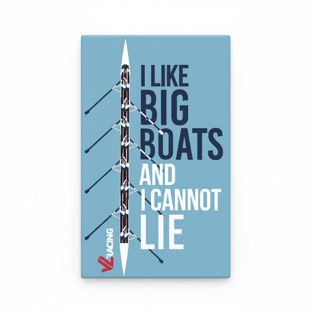 Sticker of a boat design with text 'I LIKE BIG BOATS AND I CANNOT LIE' on a blue background